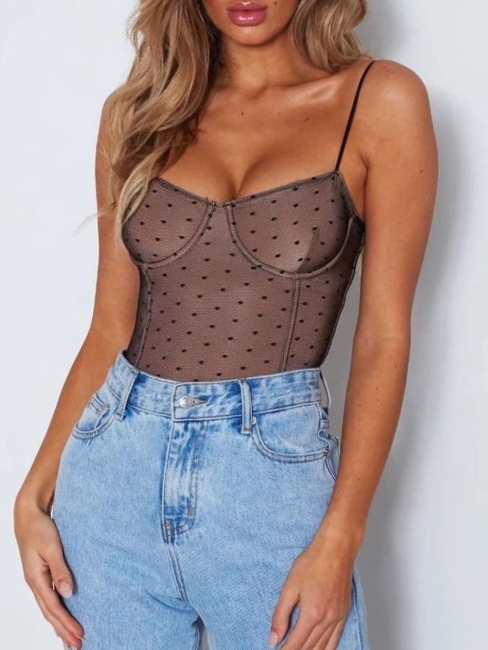 White Fox Sheer Polka Dot Bodysuit Corset Size Small